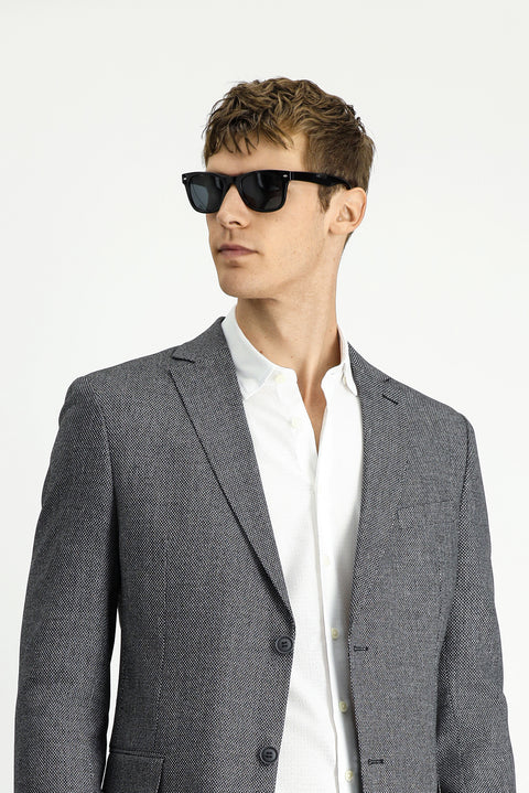 Black 7 Drop Slim Fit Classic Linen Blend Patterned Jacket
