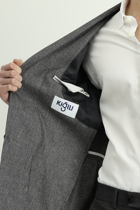 Black 4-Drop Relaxed Fit Classic Linen Blend Patterned Jacket
