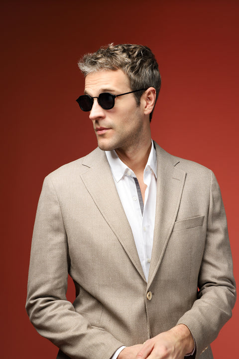 Medium Beige 7 Drop Slim Fit Classic Linen Blend Patterned Jacket