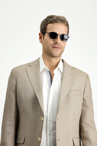  Orta Bej 7 Drop Slim Fit Dar Kesim Klasik Keten Karışımlı Desenli Ceket