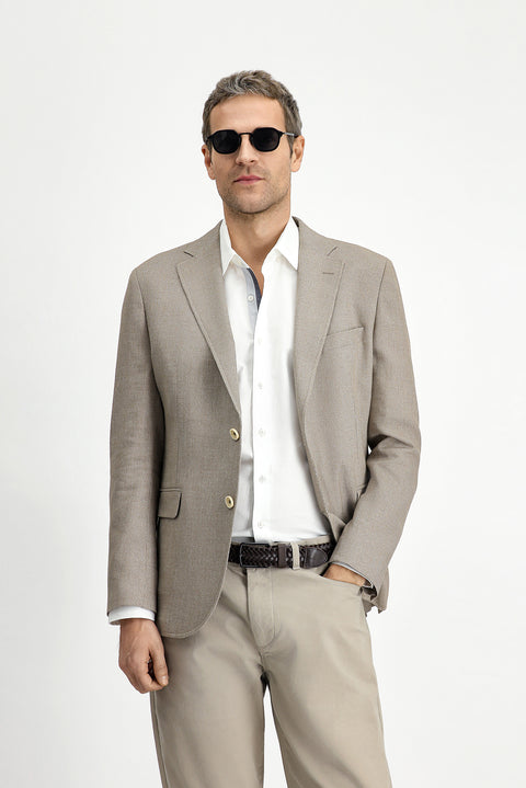 Medium Beige 7 Drop Slim Fit Classic Linen Blend Patterned Jacket