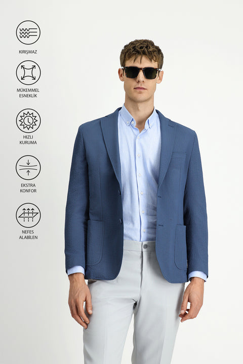 Indigo Techno-Line 4 Drop Relaxed Fit Relaxed Cut Patterned Waffle Sport Jacket