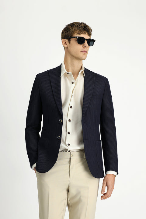 Dark Navy 7 Drop Super Slim Fit Extra Narrow Cut Striped Lycra Sport Jacket