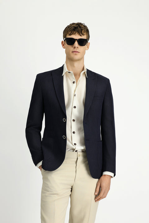 Dark Navy 7 Drop Super Slim Fit Extra Narrow Cut Striped Lycra Sport Jacket
