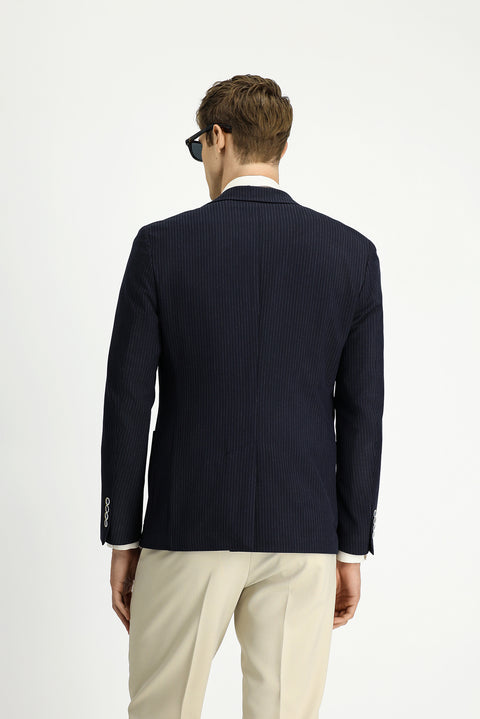 Dark Navy 7 Drop Super Slim Fit Extra Narrow Cut Striped Lycra Sport Jacket
