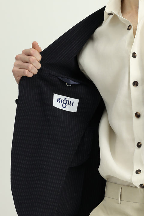 Dark Navy 7 Drop Super Slim Fit Extra Narrow Cut Striped Lycra Sport Jacket