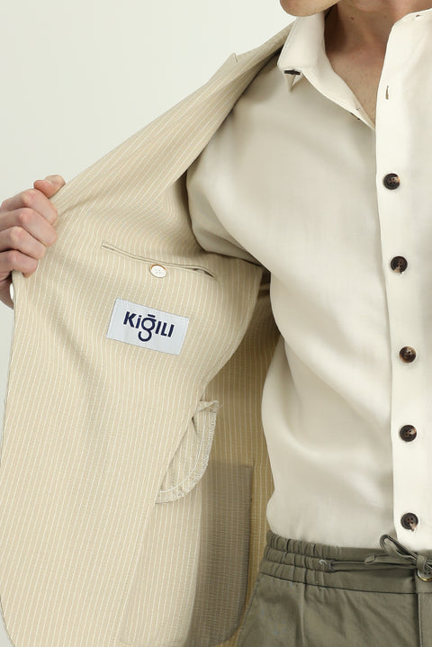 Light Beige 7 Drop Super Slim Fit Extra Narrow Cut Striped Lycra Sport Jacket