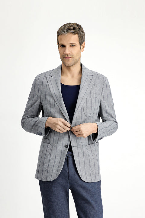 Medium Grey 8 Drop Muscle Fit Long Athletic Cut Striped Lycra Sport Jacket