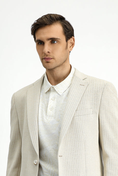 Light Beige 6 Drop Regular Fit Classic Cotton Striped Jacket