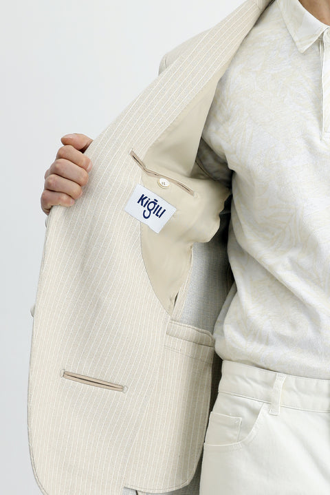 Light Beige 6 Drop Regular Fit Classic Cotton Striped Jacket