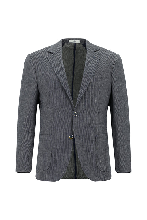 Dark Navy 8 Drop Muscle Fit Long Athletic Cut Linen Blend Striped Sport Jacket