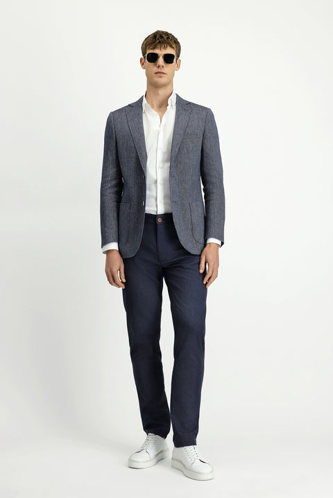 Dark Navy 6 Drop Regular Fit Linen Blend Striped Sport Jacket