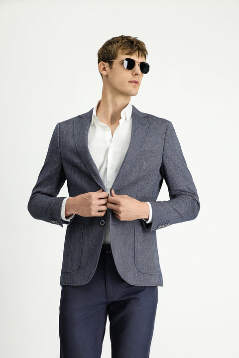 Dark Navy 4-Drop Relaxed Fit Linen Blend Striped Sport Jacket