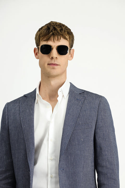 Dark Navy 8 Drop Muscle Fit Long Athletic Cut Linen Blend Striped Sport Jacket