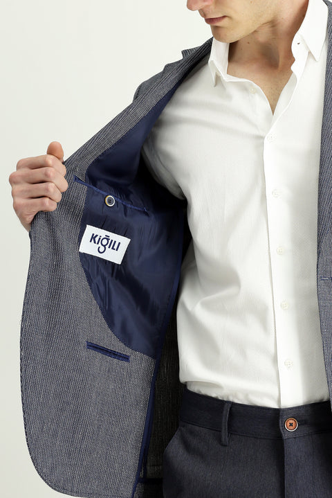 Dark Navy 8 Drop Muscle Fit Long Athletic Cut Linen Blend Striped Sport Jacket