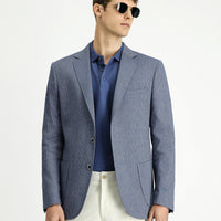 Dark Blue 7 Drop Slim Fit Linen Blend Striped Sport Jacket
