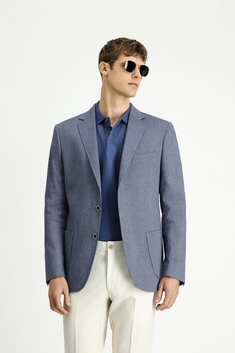 Dark Blue 7 Drop Slim Fit Linen Blend Striped Sport Jacket