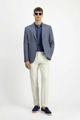  Koyu Mavi  8 Drop Muscle Fit Uzun Atletik Kesim Keten Karışımlı Çizgili Spor Ceket