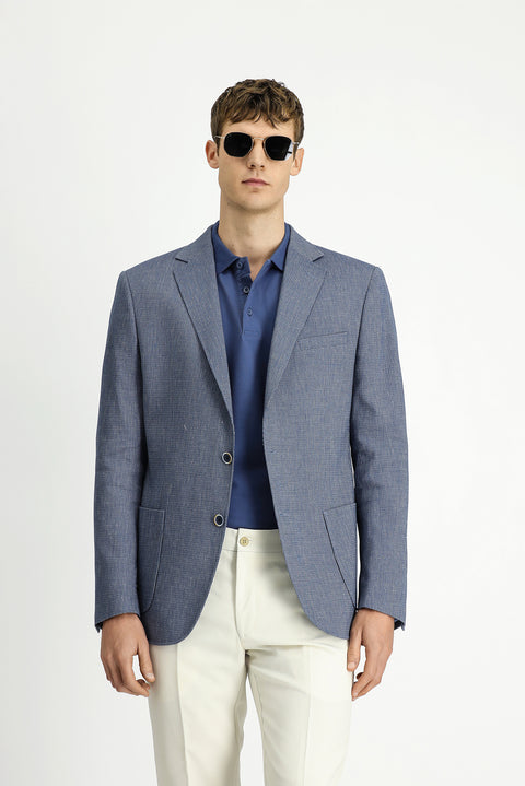 Dark Blue 7 Drop Slim Fit Linen Blend Striped Sport Jacket