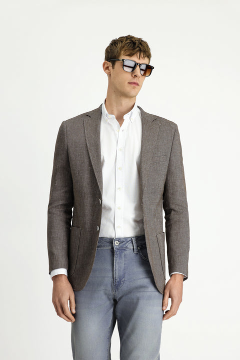 Medium Brown 8 Drop Muscle Fit Long Athletic Cut Linen Blend Striped Sport Jacket