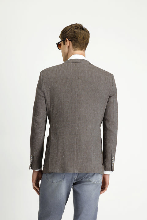 Medium Brown 8 Drop Muscle Fit Long Athletic Cut Linen Blend Striped Sport Jacket
