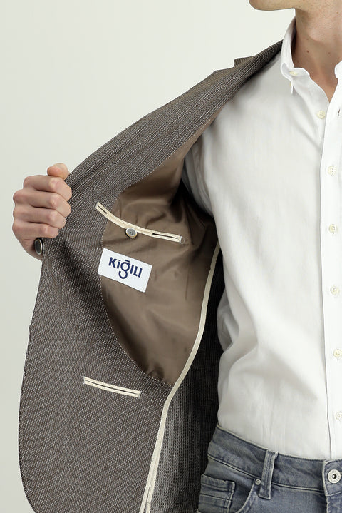 Medium Brown 6 Drop Regular Fit Linen Blend Striped Sport Jacket