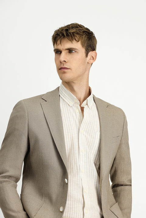 Medium Mink 8 Drop Muscle Fit Long Athletic Cut Linen Blend Striped Sport Jacket
