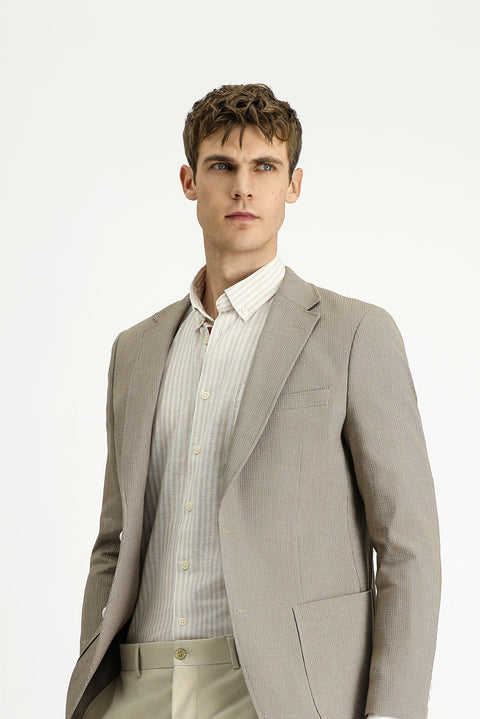 Medium Mink 6 Drop Regular Fit Linen Blend Striped Sport Jacket
