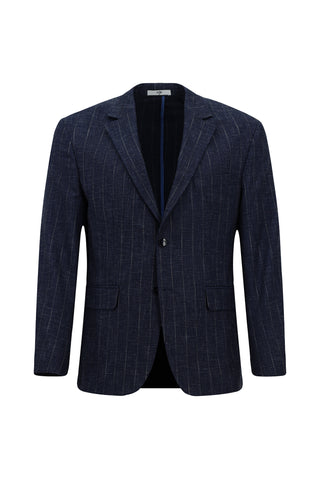  Koyu Lacivert 4 Drop Relaxed Fit Rahat Kesim Keten Karışımlı Çizgili Klasik Ceket