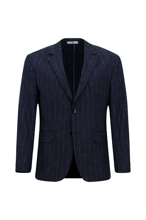 Dark Navy 4-Drop Relaxed Fit Linen Blend Striped Classic Jacket