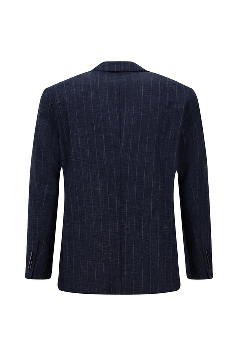 Dark Navy 4-Drop Relaxed Fit Linen Blend Striped Classic Jacket