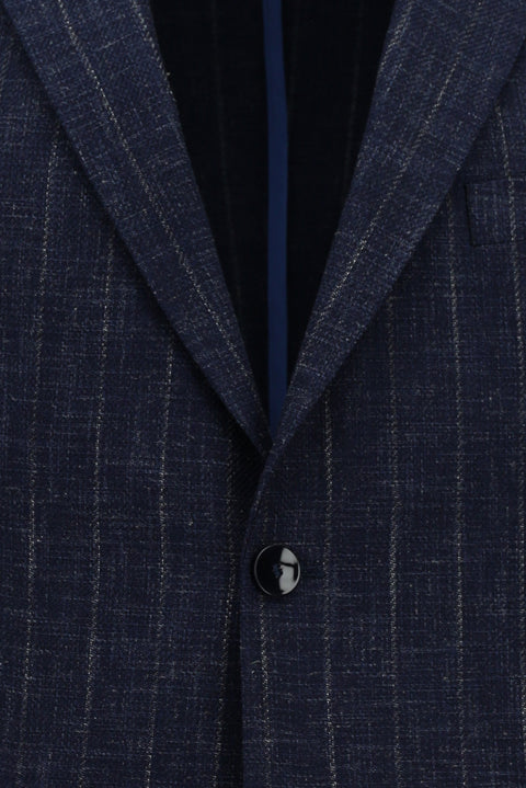 Dark Navy 4-Drop Relaxed Fit Linen Blend Striped Classic Jacket