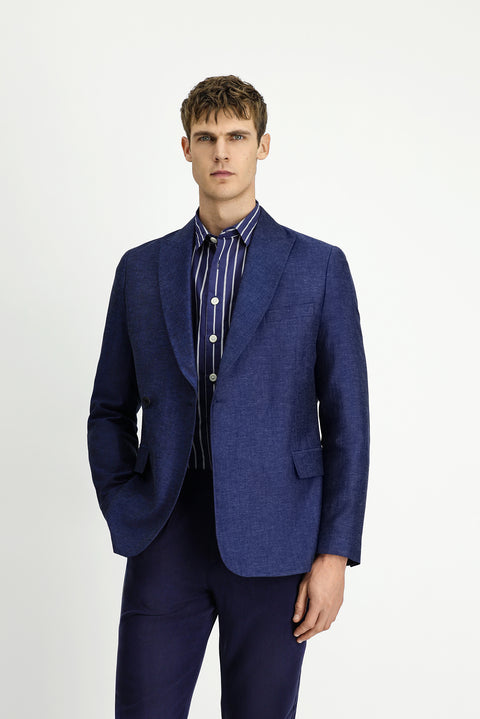 Dark Navy 6 Drop Regular Fit Striped Linen Blend Double-Breasted Jacket