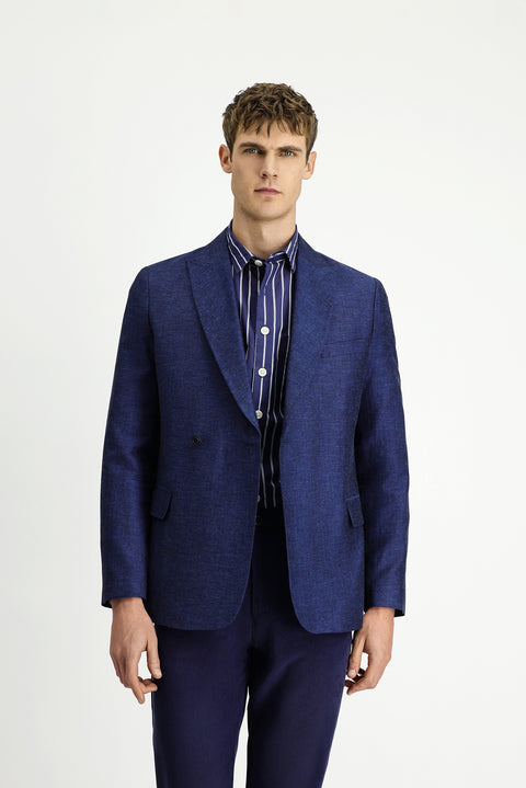 Dark Navy 7 Drop Super Slim Fit Extra Narrow Cut Striped Linen Blend Double-Breasted Jacket