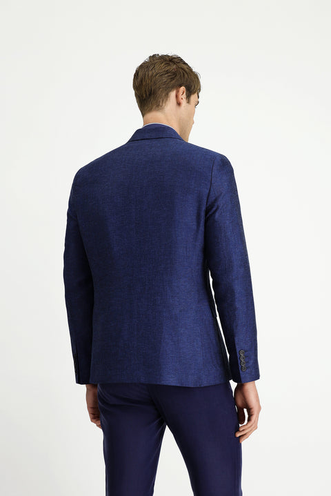 Dark Navy 7 Drop Slim Fit Striped Linen Blend Double-Breasted Jacket