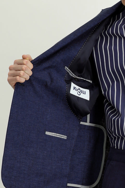 Dark Navy 7 Drop Super Slim Fit Extra Narrow Cut Striped Linen Blend Double-Breasted Jacket