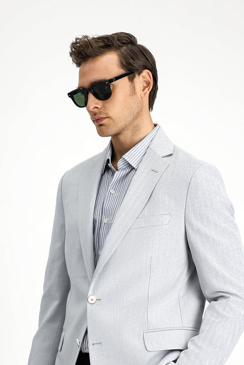 Light Grey 6 Drop Regular Fit Classic Patterned Linen Blend Jacket