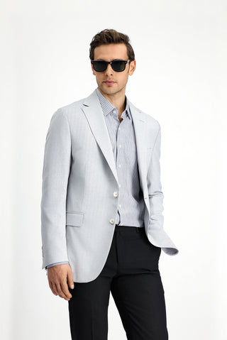  Açık Gri 4 Drop Relaxed Fit Rahat Kesim Klasik Desenli Keten Karışımlı Ceket