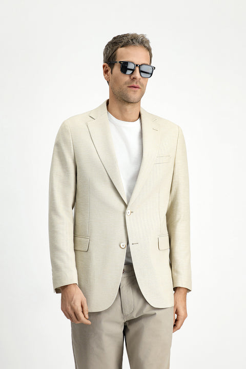 Açık Bej 4 Drop Relaxed Fit Rahat Kesim Klasik Desenli Keten Karışımlı Ceket