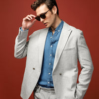 Light Grey 7 Drop Slim Fit Linen Blend Double-Breasted Jacket