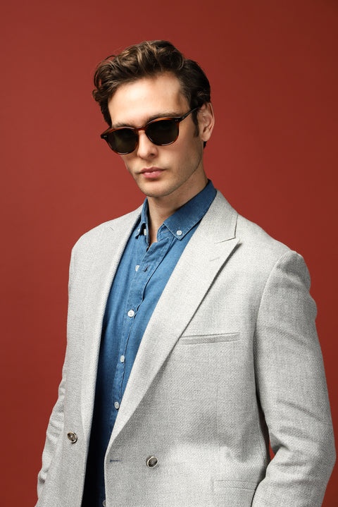 Light Grey 7 Drop Slim Fit Linen Blend Double-Breasted Jacket