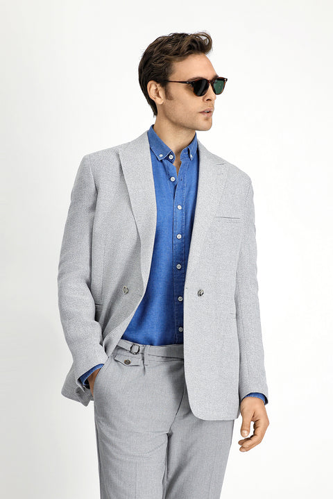 Light Grey 7 Drop Slim Fit Linen Blend Double-Breasted Jacket