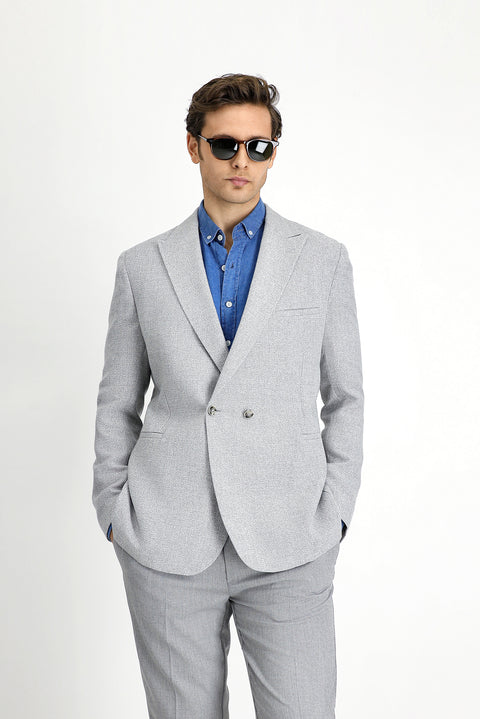 Light Grey 7 Drop Slim Fit Linen Blend Double-Breasted Jacket