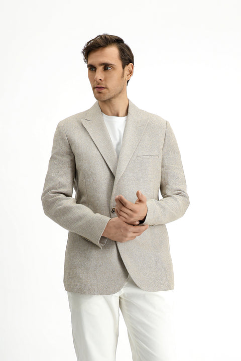 Light Beige 7 Drop Slim Fit Linen Blend Double-Breasted Jacket