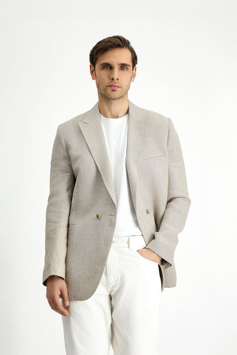 Light Beige 7 Drop Slim Fit Linen Blend Double-Breasted Jacket