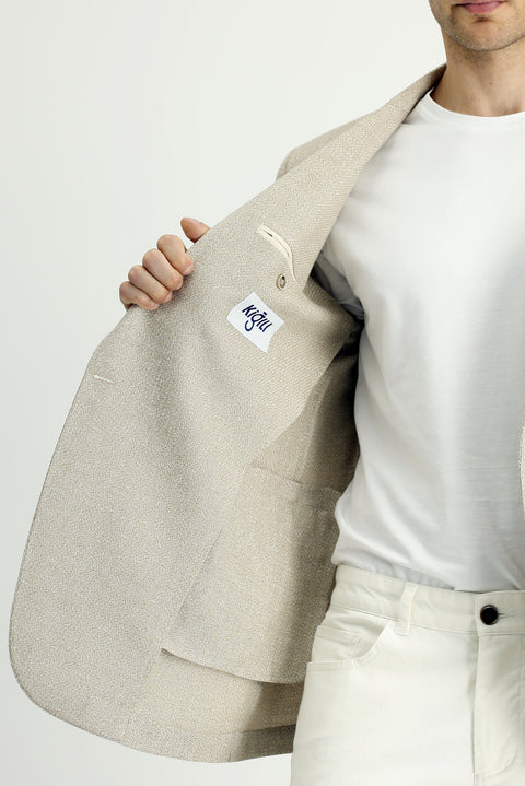 Light Beige 7 Drop Slim Fit Linen Blend Double-Breasted Jacket
