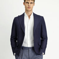 Koyu Lacivert 7 Drop Slim Fit Dar Kesim Yünlü Keten Karışımlı Klasik Ceket
