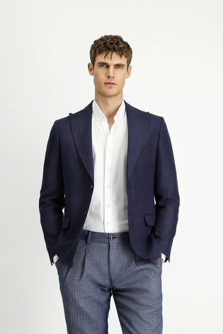  Koyu Lacivert 7 Drop Slim Fit Dar Kesim Yünlü Keten Karışımlı Klasik Ceket