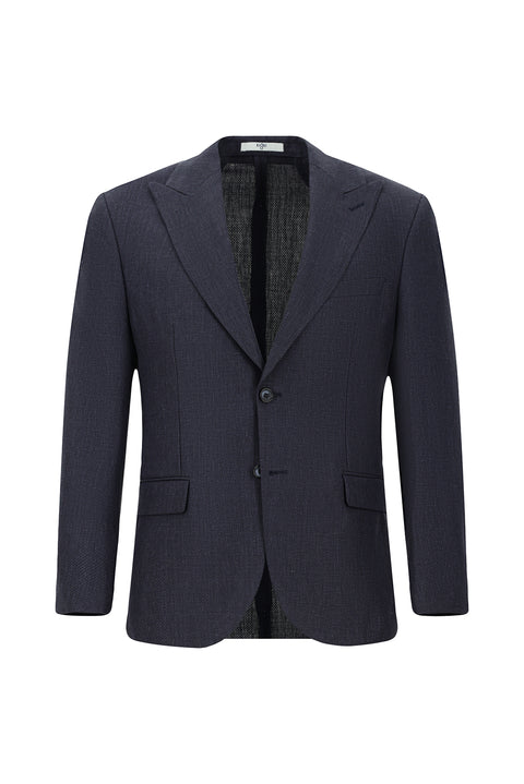 Koyu Lacivert 7 Drop Slim Fit Dar Kesim Yünlü Keten Karışımlı Klasik Ceket