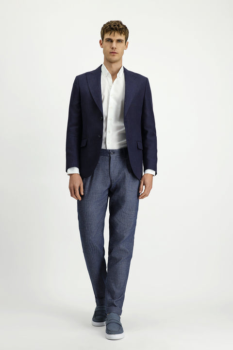 Koyu Lacivert 7 Drop Slim Fit Dar Kesim Yünlü Keten Karışımlı Klasik Ceket